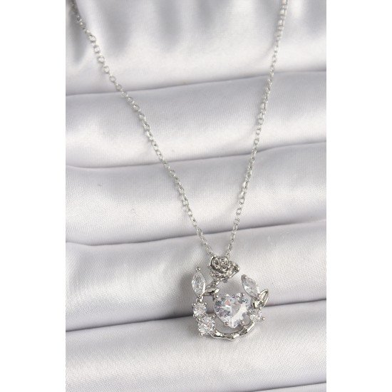 316L Çelik Gümüş Renk Zincir Zirkon Taşlı Kalp Figür Gül Detay Kadın Kolye 316L Çelik Gümüş Renk Zincir Zirkon Taşlı Kalp Figür Gül Detay Kadın Kolye