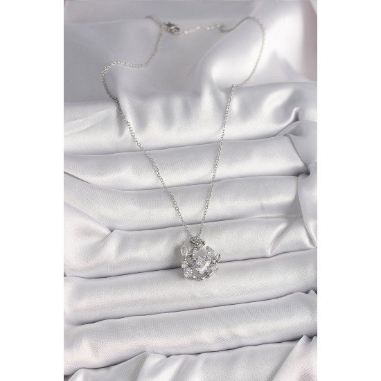 316L Çelik Gümüş Renk Zincir Zirkon Taşlı Kalp Figür Gül Detay Kadın Kolye 316L Çelik Gümüş Renk Zincir Zirkon Taşlı Kalp Figür Gül Detay Kadın Kolye