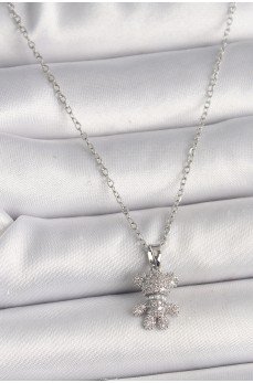 316L Çelik Gümüş Renk Zincir Zirkon Taşlı Ayıcık Figür Kadın Kolye