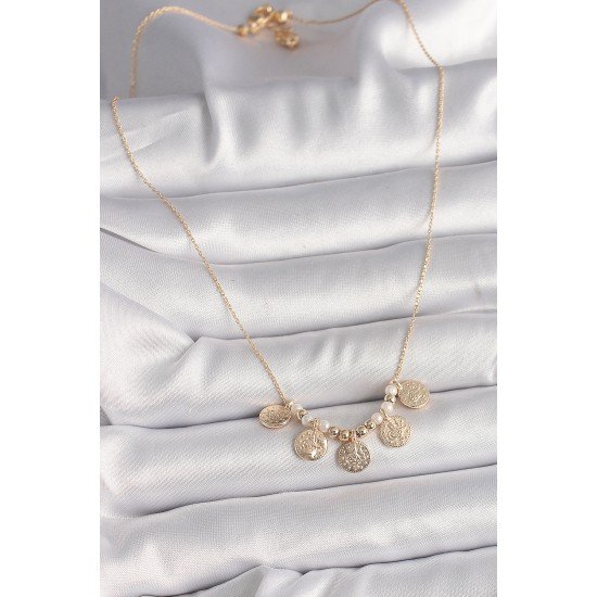 Pirinç Gold Renk 5'Li Osmanlı Tuğra Figür İnci Detay Kadın Kolye