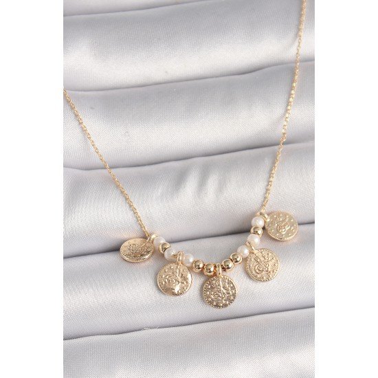 Pirinç Gold Renk 5'Li Osmanlı Tuğra Figür İnci Detay Kadın Kolye
