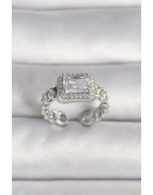 Pirinç Gümüş Renk Ayarlanabilir Zincir Kare Zirkon Taşlı Kadın Yüzük