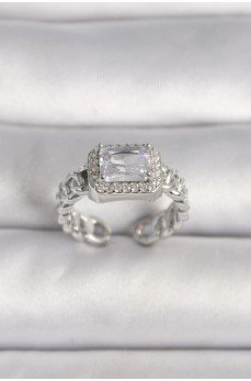 Pirinç Gümüş Renk Ayarlanabilir Zincir Kare Zirkon Taşlı Kadın Yüzük