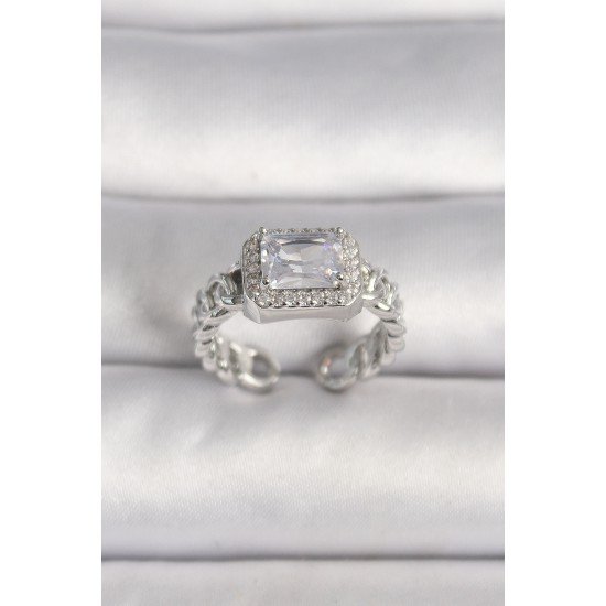 Pirinç Gümüş Renk Ayarlanabilir Zincir Kare Zirkon Taşlı Kadın Yüzük