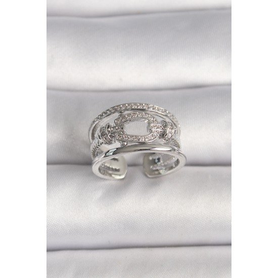 Pirinç Gümüş Renk Ayarlanabilir Zirkon Taşlı Gemici Düğüm Model Kadın Yüzük