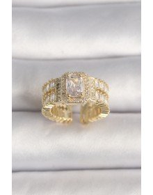 Pirinç Gold Renk Ayarlanabilir Baget Zirkon Taş Model Kadın Yüzük