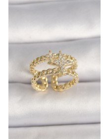 Pirinç Gold Renk 2'Li Zincir Zirkon Taşlı Yıldız Figür Kadın Yüzük