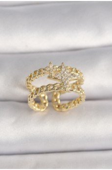 Pirinç Gold Renk 2'Li Zincir Zirkon Taşlı Yıldız Figür Kadın Yüzük