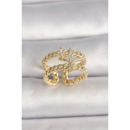 Pirinç Gold Renk 2'Li Zincir Zirkon Taşlı Yıldız Figür Kadın Yüzük