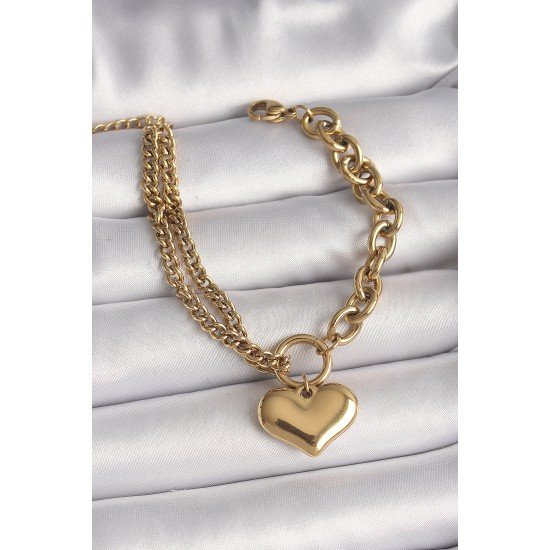 316L Çelik Gold Renk 2'Li Zincir Model Kalp Figür Kadın Bileklik