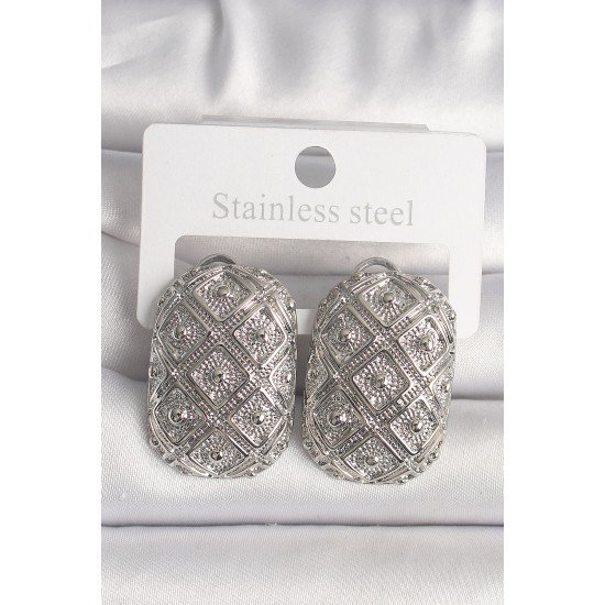 Pirinç Gümüş Renk Motif İşlemeli Kadın Küpe