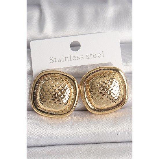 Pirinç Gold Renk İşlemeli Kare Model Kadın Küpe