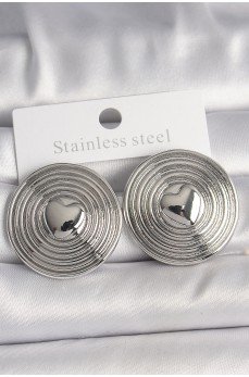 Pirinç Gümüş Renk Kalp İşlemeli Daire Plaka Model Kadın Küpe