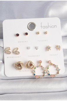 Pirinç Gold Renk Renkli Zirkon Taşlı Kalp Detay 7 Çift Kadın Küpe Seti