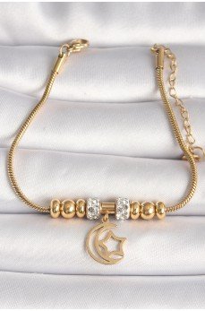 316L Çelik Gold Renk Tüp Zincir Zirkon Taş Detaylı Sallantı Ay Yıldız Figür Kadın Bileklik 316L Çelik Gold Renk Tüp Zincir Zirkon Taş Detaylı Sallantı Ay Yıldız Figür Kadın Bileklik