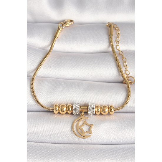 316L Çelik Gold Renk Tüp Zincir Zirkon Taş Detaylı Sallantı Ay Yıldız Figür Kadın Bileklik 316L Çelik Gold Renk Tüp Zincir Zirkon Taş Detaylı Sallantı Ay Yıldız Figür Kadın Bileklik
