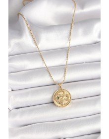 316L Çelik Gold Renk Topçuk Zincir Yılan İşlemeli Zirkon Taş Detaylı Madalyon Model Kadın Kolye