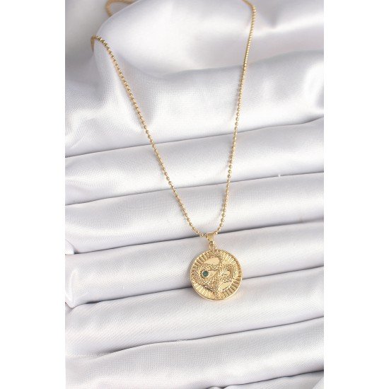 316L Çelik Gold Renk Topçuk Zincir Yılan İşlemeli Zirkon Taş Detaylı Madalyon Model Kadın Kolye