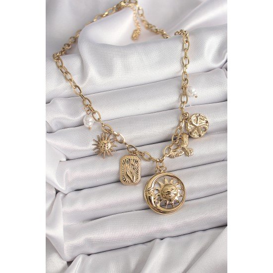 316L Çelik Gold Renk Halka Zincir Sallantı Ay Güneş Figür Kuş Detay Kadın Kolye 316L Çelik Gold Renk Halka Zincir Sallantı Ay Güneş Figür Kuş Detay Kadın Kolye