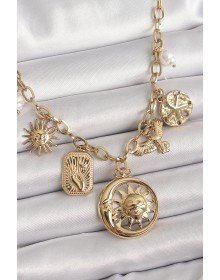 316L Çelik Gold Renk Halka Zincir Sallantı Ay Güneş Figür Kuş Detay Kadın Kolye