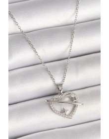 316L Çelik Gümüş Renk Zincir Zirkon Taşlı Kalp Model Yıldız Detay Kadın Kolye