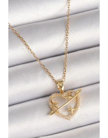 316L Çelik Gold Renk Zincir Zirkon Taşlı Kalp Model Yıldız Detay Kadın Kolye