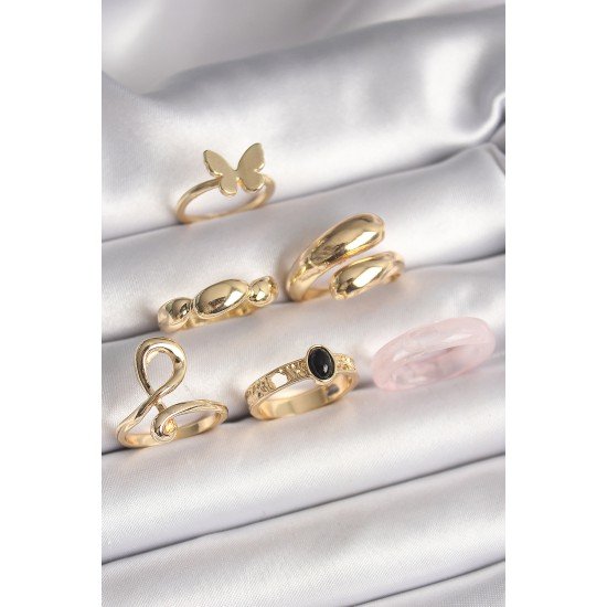 Pirinç Gold Renk Kelebek Figür Sarmal Model 6'Lı Kadın Yüzük Seti
