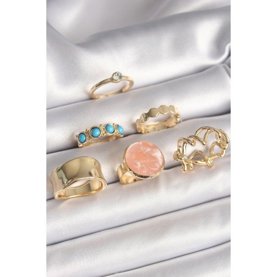 Pirinç Gold Renk Daire Pembe Mineli Zirkon Taş Detaylı 6'Lı Kadın Yüzük Seti Pirinç Gold Renk Daire Pembe Mineli Zirkon Taş Detaylı 6'Lı Kadın Yüzük Seti
