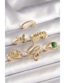 Pirinç Gold Renk İşlemeli Yılan Model Kelebek Detay 6'Lı Kadın Yüzük Seti