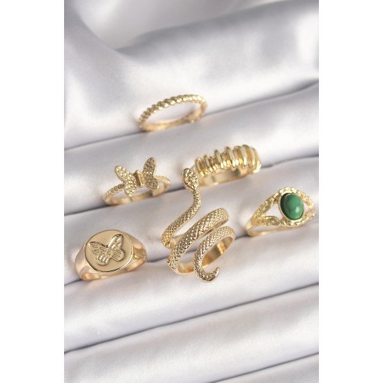 Pirinç Gold Renk İşlemeli Yılan Model Kelebek Detay 6'Lı Kadın Yüzük Seti