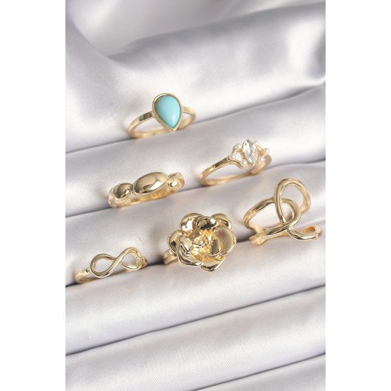 Pirinç Gold Renk Çiçek Model Model Sonsuzluk Zirkon Taş Detaylı 6'Lı Kadın Yüzük Seti Pirinç Gold Renk Çiçek Model Model Sonsuzluk Zirkon Taş Detaylı 6'Lı Kadın Yüzük Seti