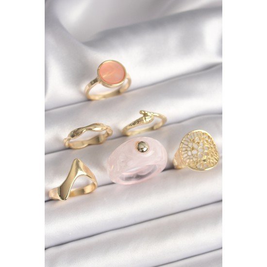 Pirinç Gold Renk Pembe Plastik Yüzük Model Daire Pembe Mine Yılan Detay 6'Lı Kadın Yüzük Seti