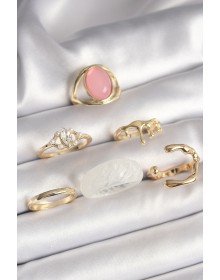 Pirinç Gold Renk Zirkon Taş Detaylı Pembe Mineli 6'Lı Kadın Yüzük Seti