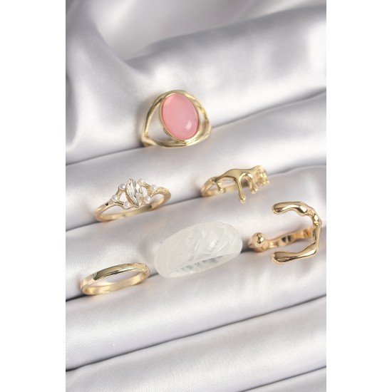 Pirinç Gold Renk Zirkon Taş Detaylı Pembe Mineli 6'Lı Kadın Yüzük Seti