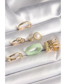 Pirinç Gold Renk Düğüm Model İncili İşlemeli Plaka Model 6'Lı Kadın Yüzük Seti
