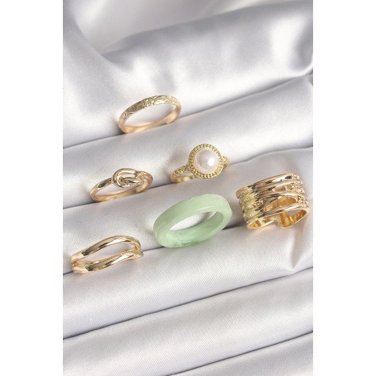 Pirinç Gold Renk Düğüm Model İncili İşlemeli Plaka Model 6'Lı Kadın Yüzük Seti Pirinç Gold Renk Düğüm Model İncili İşlemeli Plaka Model 6'Lı Kadın Yüzük Seti