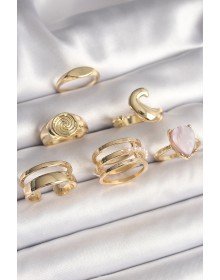 Pirinç Gold Renk Pembe Damla Mineli Sarmal İşleme Detaylı 6'Lı Kadın Yüzük Seti