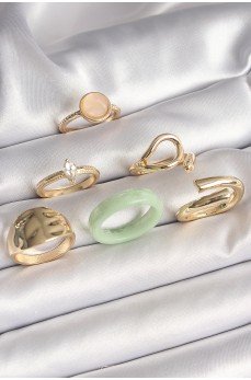 Pirinç Gold Renk Zirkon Taşlı Daire Pembe Mineli Detay 6'Lı Kadın Yüzük Seti