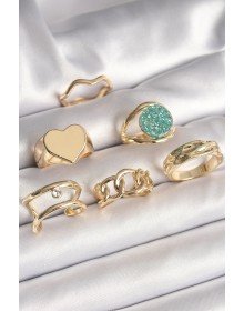 Pirinç Gold Renk Zirkon Taşlı Kalp Plaka Figür Mavi Simli Detay 6'Lı Kadın Yüzük Seti