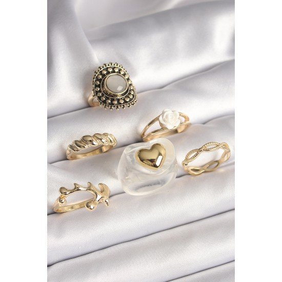 Pirinç Gold Renk Beyaz Gül Figür Kalp İşlemeli Sarmal Detay 6'Lı Kadın Yüzük Seti Pirinç Gold Renk Beyaz Gül Figür Kalp İşlemeli Sarmal Detay 6'Lı Kadın Yüzük Seti