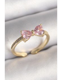 Pirinç Gold Renk Pembe Zirkon Taşlı Kalp Fiyonk Model Kadın Yüzük