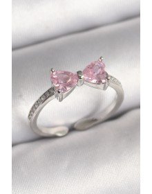 Pirinç Gümüş Renk Pembe Zirkon Taşlı Kalp Fiyonk Model Kadın Yüzük