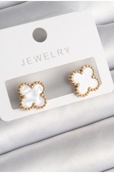 316L Çelik Gold Renk Beyaz Minelik Yonca Model Kadın Küpe