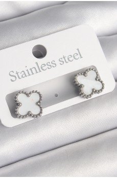316L Çelik Gümüş Renk Beyaz Yonca Model Kadın Küpe