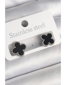 316L Çelik Gümüş Renk Siyah Yonca Model Kadın Küpe