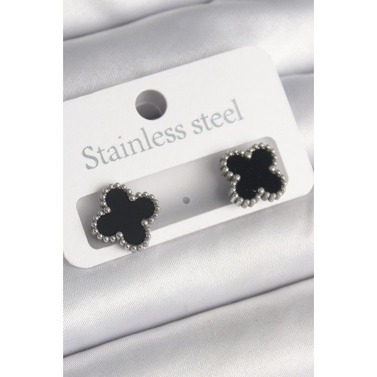 316L Çelik Gümüş Renk Siyah Yonca Model Kadın Küpe