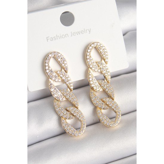 Pirinç Gold Renk Zirkon Taşlı Zincir Model Kadın Küpe Pirinç Gold Renk Zirkon Taşlı Zincir Model Kadın Küpe