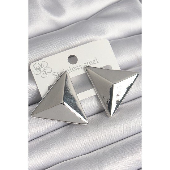 Pirinç Gümüş Renk 3D Üçgen Model Kadın Küpe