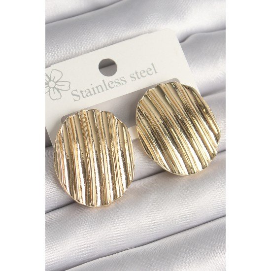 Pirinç Gold Renk İşlemeli Daire Plaka Model Kadın Küpe