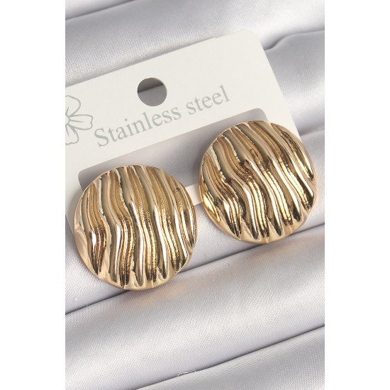 Pirinç Gold Renk İşlemeli Daire Plaka Model Kadın Küpe